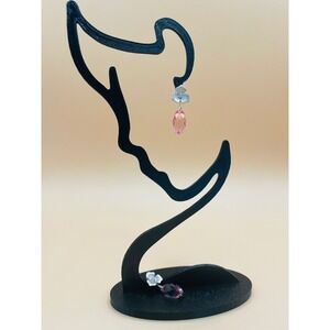 Pink Crystal Teardrop Flower Drop Earrings Silver Tone Floral Bridal Fairycore